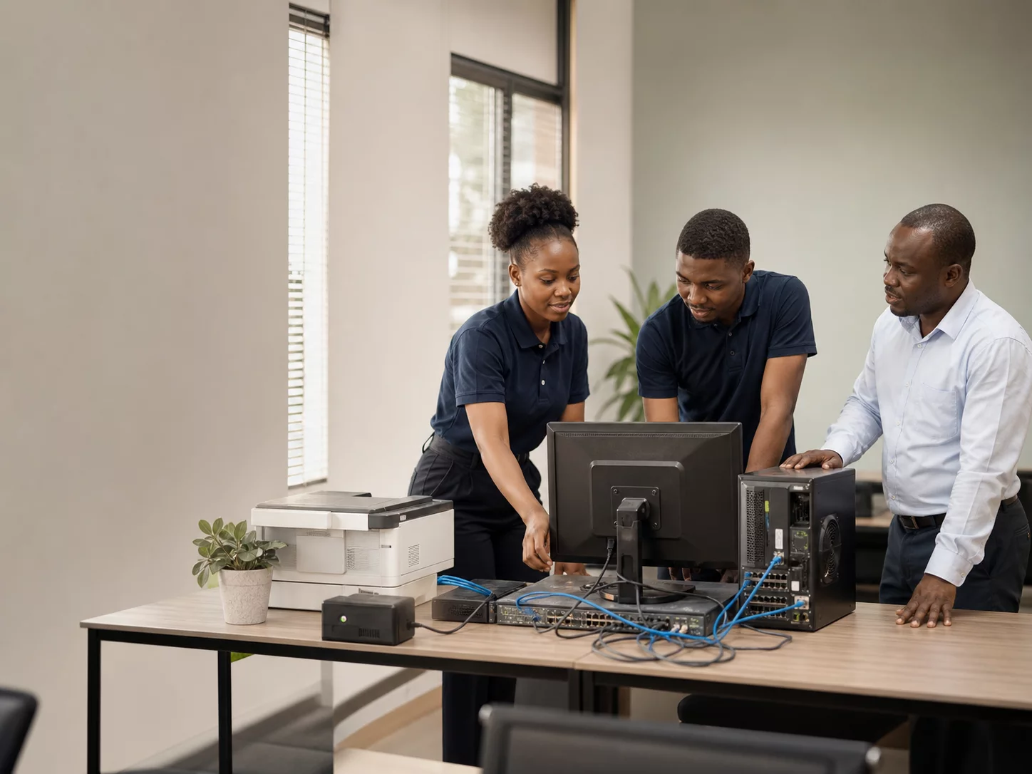 Équipe BCS installant un réseau et des postes de travail